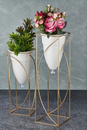 Metal 2-Piece Decorative White Flower Pot with Gold Legs - Mhk Collection