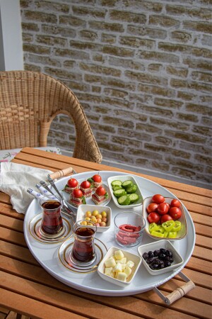 Metal 45 Cm White Round Tray with Wooden Handle, Breakfast Tray, Presentation Tray metallbeyaztepsi51 - kitchen trend