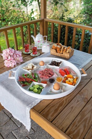 Metal 51 Cm Round Tray with White Wooden Handle - Breakfast Tray - Presentation Tray - Kitchen Trend