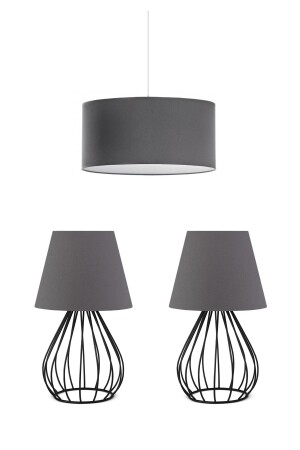 Metal Body Double Lampshade and Pendant Lamp Chandelier Set Anthracite Gray Fabric Bedroom Set SET-2599 - HOMİNG