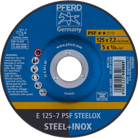 Metal grinding disc Ø125x7x22mm A24 L PSF-INOX PFERD - Pferd