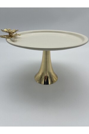 Metal Round Tea, Coffee and Service Presentation Tray with Gold Footed Cream Color Tray AMT560 - Fiyakalı Ürünler Atölyesi