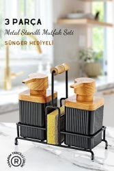 Metal Standlı Ahşap Detaylı Bulaşık Deterjanı ve Sıvı Sabunluk Mutfak Seti-Sünger Hediyeli GM00397 - GRİMOR Life