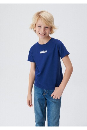 Miav Baskılı Lacivert Çocuk Tişört Regular Fit / Normal Kesim 6633270722 - Mavi