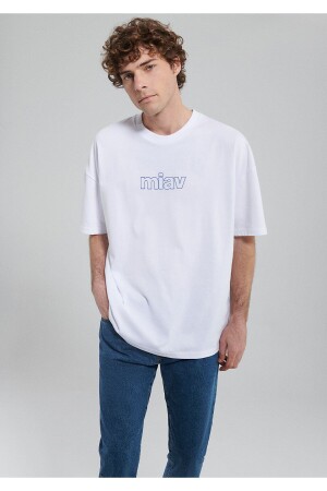 Miav Baskılı Oversize Beyaz Tişört Oversize / Geniş Kesim 0611704-620 - Mavi