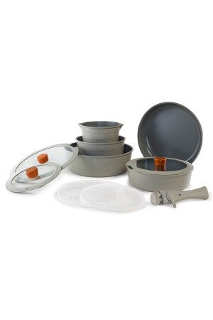 Midas Gray 11 Piece Interlocking Induction Pot and Pan Set with Detachable Handle D-NEOMDS11I-07 - NEOFLAM