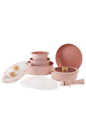 Midas Pink 11 Piece Interlocking Induction Pot and Pan Set with Detachable Handle - Neoflam