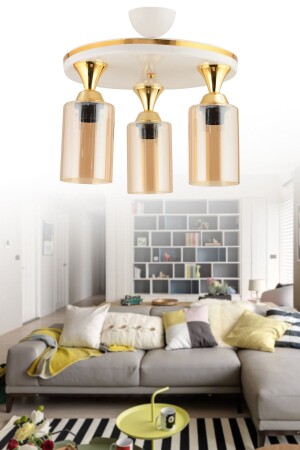 Mihra 3 Piece Glass Tray White Gold Gilded Modern Chandelier 3022 - KUZEY AYDINLATMA