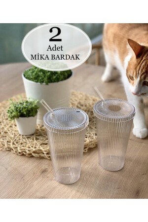 MİKA 2 Pieces 600 Ml Origami Style Mica Glass with Mica Lid and Straw | - M Mimoza Park