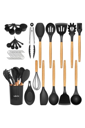 Mikla Heat Resistant Fireproof Nonstick 33 Piece Silicone Spatula Kitchen Set Black VLT33LÜ - valletta