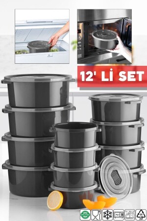 Mikrodalga Ve Difrizde Kullanılabilen Saklama Kabı Seti Yuvarlak 12'li Antrasit NDY-KMP-2900-12 - Nandy Home
