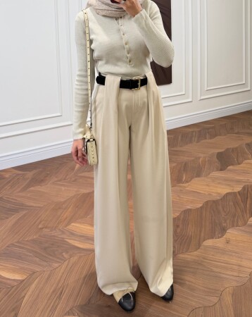 Milano Pleated Belted Trousers - Cream - Duendeca