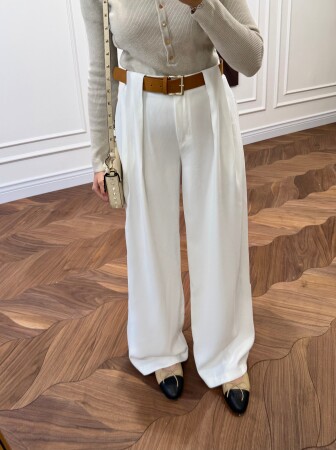 Milano Pleated Belted Trousers - White - Duendeca