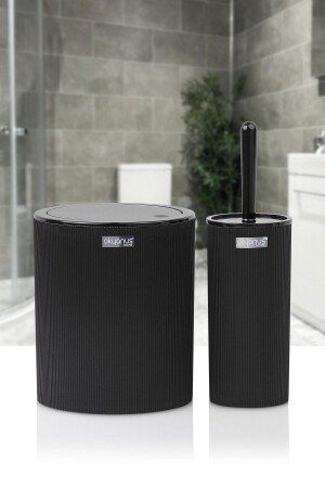Mina Black Striped Round WC Bucket and Brush Set of 2 OKY-432 - Okyanus Home