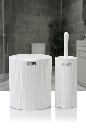 Mina White Striped Round WC Bucket and Brush Set of 2 OKY-432 - Okyanus Home