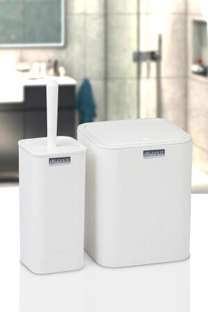 Mina White Striped Square WC Bucket and Brush Set of 2 - Okyanus Home