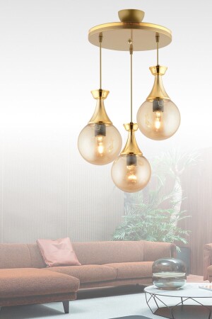 Minel 3-Piece Pendant Lamp Tray Antiqued Gold Gilded Glop Glass Chandelier - Kuzey Aydinlatma