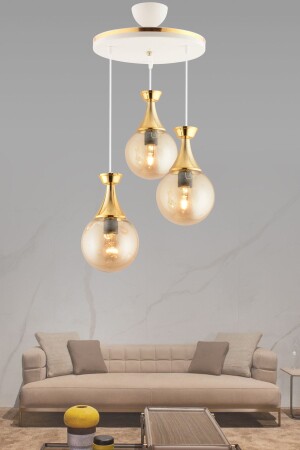 Minel 3 Piece Tray White to Gold Bal Glass Glop Glass Living Room Chandelier 3051 - KUZEY AYDINLATMA