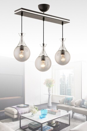 Minel 3-teilige Pendelleuchte Schwarz Chrom Glop Glas Wohnzimmer Kronleuchter 3054 - KUZEY AYDINLATMA