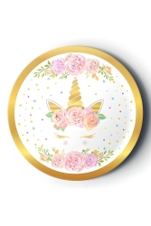 Mini Party Store 8'li Karton Tabak Gold Yaldızlı Çiçekli Unicorn - Genel Markalar