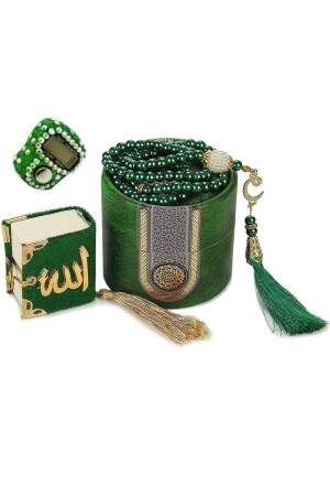 MNZ-Mini Cylinder Boxed Mevlit Gift Set خضراء (قرآن صغير + لؤلؤات صلاة 99 + حجر زيكيرماتيك) - sin@rasta