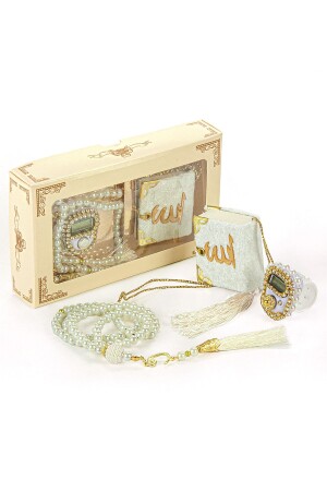 Mini Velvet Quran Set with Stone Chanting and Pearl Prayer Beads Mevlüt Gift - White - Ihvanonline
