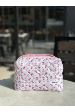 Minik Pembe Çiçek Desenli Makyaj Çantası - Büyük Boy - Batekso