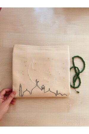 Minimal Embroidered Linen Prayer Rug Prayer Mat - Dowry Gift Bag Prayer Rug - Perdeplus
