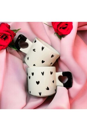 Minimalist 2'li Siyah Kalp Desenli El Yapımı Doğal Seramik Kalp Kupa - Mug - Çay & Kahve Fincanı - Ikiseramik