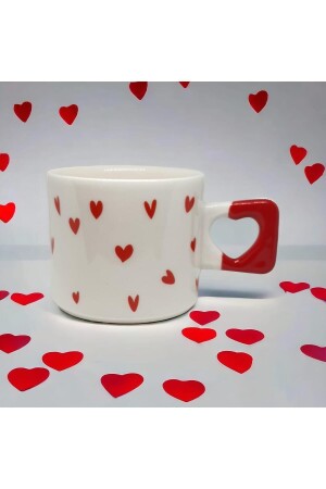 Minimalistische rote Herz-gemusterte handgemachte natürliche Keramik-Herz-Tasse/Tasse – Tee- und Kaffeetasse - Ikiseramik