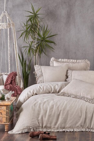 Miranda Doppelbett-Bettbezug-Set, 100 % Leinen, Beige, 200 x 220 cm, NVRMRN200 x 220 - Ecocotton