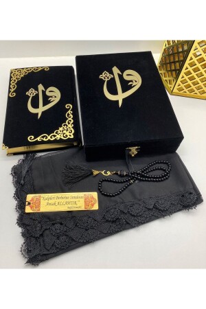 Mit dem Namen Velvet Quran Hayrat Neşriyat, mittelgroße Box (SCHWARZ), Gebetstuch, Gebetsperlen, Lesezeichen-Set - Kahraman Hediyelik