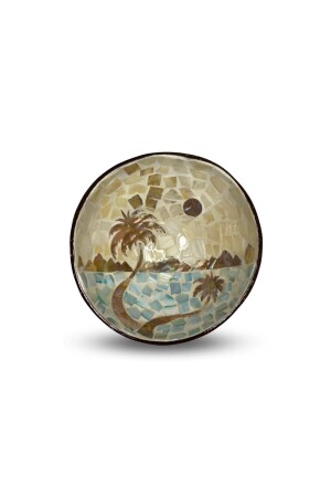 Mit Perlmutt beschichtete Kokosnussschale mit Landschaftsmuster und Schüsselmatte aus Weidengeflecht – Kokosnussschale – Snackschale JDA00017 - Coconut Products