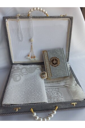 Mitgift-Box-Gebetsteppich-Set mit Aufbewahrung, geeignet für Bräutigam und Braut, Bündel, Geschenk, Schal, Koran-Set, cremefarben - Hr Hediyelik