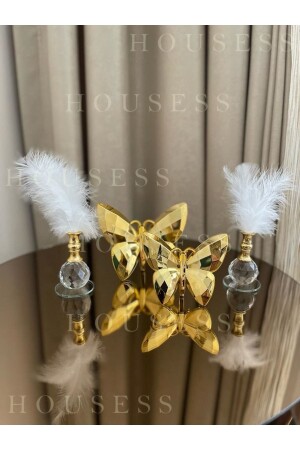 MNZ-دكوراتية الفراشة الذهبية و 2 حاملات ريش الذهب زينة التجميل HSS-TPSKLBKS13 - Housess