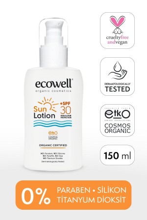 لوشن الشمس من نوع MNZ ، 30 SPF عضوي ومخضري معتمد ، مرشح معدني على الوجه والجسم ، حماية UVB Uva 150ml K-ECO - Ecowell