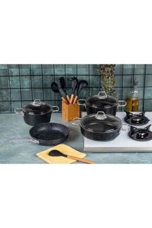إصدار أسود من طراز MNZ 7 قطع غرانيت طباخات مجموعة TAC-3558 - Taç