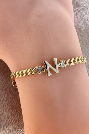 MNZ-الفضة الذهبية الذهبية الزيركون الحجر ثلاثي الأبعاد سلسلة الجوارب N حرف سوار SGTL12300GOLD-N - Söğütlü Silver