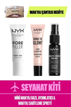 مجموعة سفر MNZ - قاعدة مكياج صغيرة ومضاءة ومكياج إعداد رش والكيس - Nyx Professional Makeup