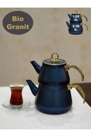 MNZ-غرانيت مطلي الذهب مع كأس زجاجي غطاء الشاي الزرقاء - Yunusoğlu Home