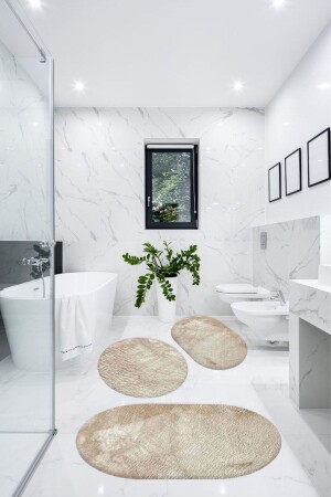 MNZ-3-piece حمام السجاد غرف الاستحمام المفتوحة المكملة مقعد الحمام الموضة البيج 60x90 ((ELIPSE)-50x60 ((ELIPSE)-60 - BESELY