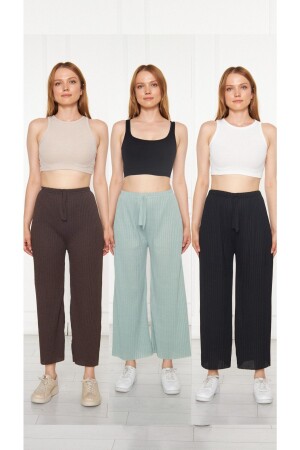 MNZ-3-Piece Brown - Water Green - Black Women's Corduroy Pants & Tracksuit، بيجاما ملابس منزلية عادي K0109-001 - Oyga
