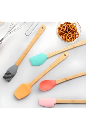 MNZ-5- Piece ملونة البامبو المقبضة السيليكون النقطة Spatula برش ملعقة - Keyfi Sepet
