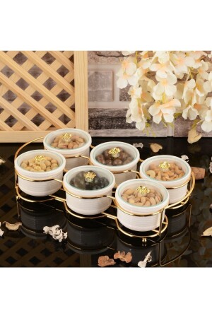 مجموعة الخدمة المكملة من طعام الإفطار المكملة من طراز MNZ-6-Piece Round Breakfast Serving Set مع غطاء ذهبية معصوفة TP000 - HELVACIOĞLU AKSESUAR