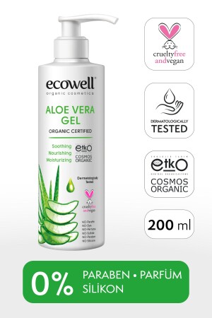 جيل MNZ-Aloe Vera Gel ، عضوي و نباتي معتمد ، رطوبة رطبة ترخيص بعد الشمس 200 مل K-ECO-3422 - Ecowell
