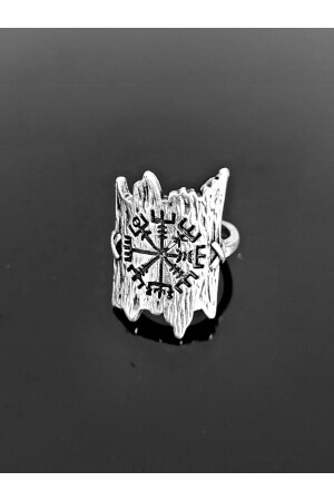 MNZ-Antique Silver Plated Adjustable Viking Compass Vegvisir الخاتم على شكل درع - Antique Dolunay