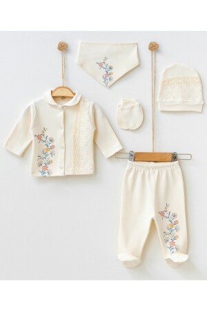 إصدار مستشفى (MNZ-Baby Girl Hospital) ليبي (Ivy Flower) طباعة (Beige Newborn Set) 0-3 أشهر - Babylim