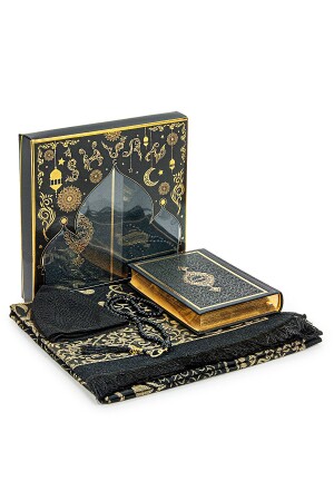 MNZ-Black Thermo Leather Quran هدية صلاة السجادة المخصصة لحزمة العريس 115 × 60 - ihvanonline