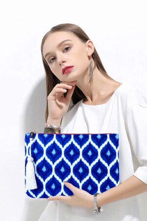 كيس المزاج للنساء من طراز MNZ-Blue Ikat Tassel White C0119451 - FARBAG