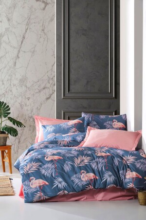 MNZ-Double Flamingo Duvet Cover Set مع ورق ملموسة من الوردة المستنقطة (160X200 CM) cndn-flamingo-çk - CANDAN ÇEYİZ